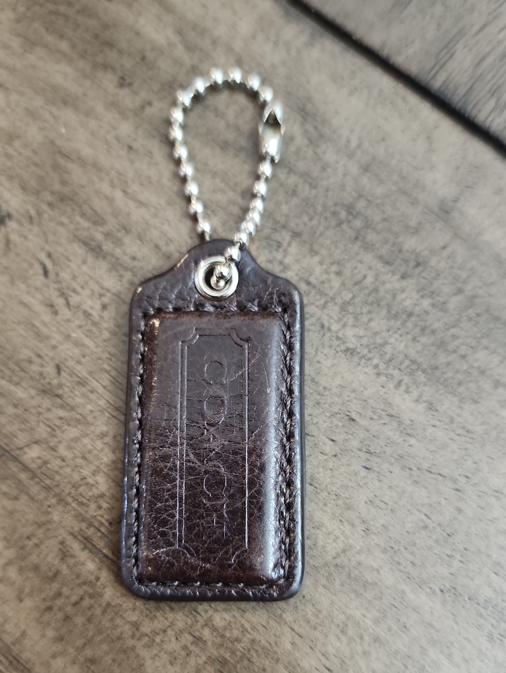 Coach Dark Brown Leather Hang Tag with Silver Ball Chain-2 In Long